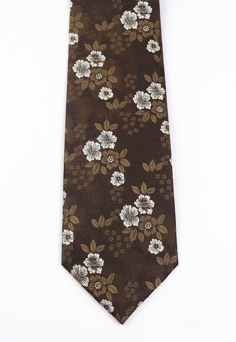 Elfeves Mens Brown with White Floral Cravat Ties Woven Business Formal Necktie Nearwear - Image 5